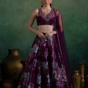 Plum Embroidered Bridal Lehenga Set with Sheer Dupatta